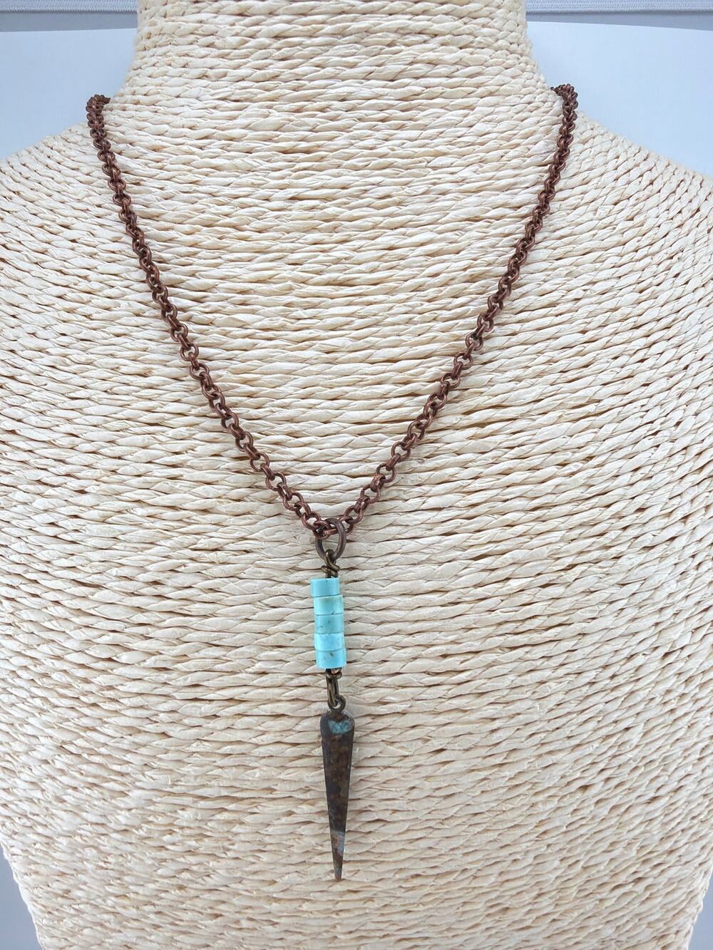 Handcrafted Artisan Made Bohemian Turquoise Spike Dagger Pendant Necklace